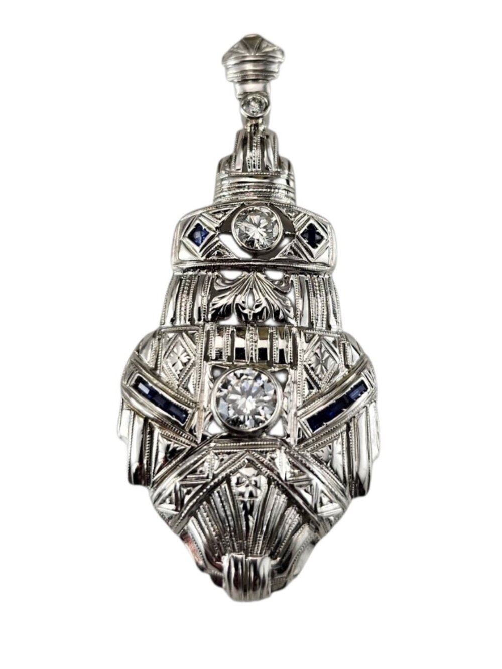 Vintage 18K White Gold Diamond and Sapphire Pendant #25153